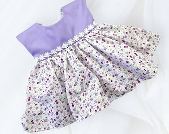 Lavender bodice with a ditsy print skirt dress, with daisies on a band, fits 18 inch baby dolls, Build a Bear, Reborn babies and many more.