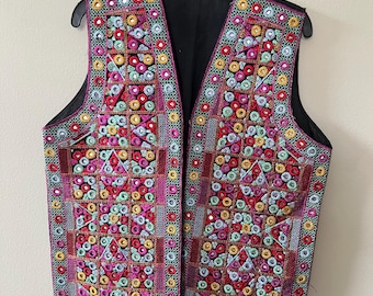 Samarkand Midnight Garden Vest – Hand-Stitched Floral Mosaic
