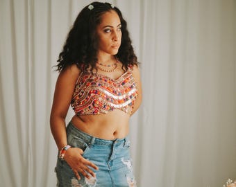 Neon Festival Luxe Shell & Coin Embellished Top
