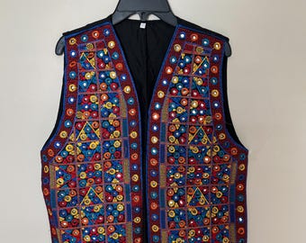 The Sapphire Mosaic Vest | Hand-Embroidered Mirror Work Vest | Artisan Boho Statement Piece