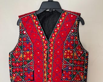 The Crimson Heritage Vest | Hand-Embroidered Red Mirror Work Vest | Artisan Statement Piece