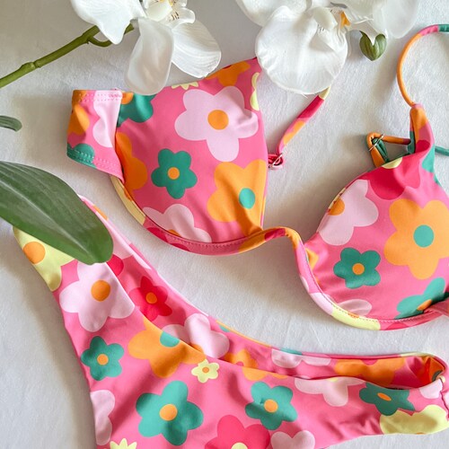 Green Groovy Y2K Bikini Green Floral Bikini Set Boho Etsy