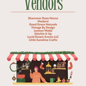 May include: An illustrated advertisement for a vendor event. The word "Vendors" is in large green text. The image includes a list of vendors, a festive illustration of a vendor booth, and event details: December 20th, 10 AM-2 PM, at RND Coffee Lounge in Vinton, VA.