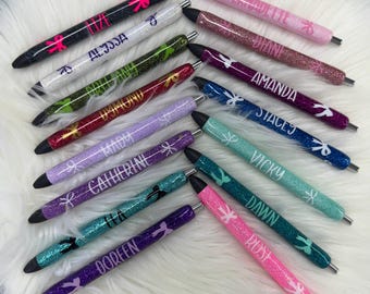 Custom Bow Pens You pick Glitter Color and Bow Color Bows Personalized Epoxy Glitter Bow Black Ink Pen: Refillable