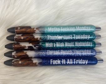 Cow…5 Days of The Week Glitter Epoxy Gel Pens, Sassy Epoxy Glitter Gel Pens, Funny Gel Pen, Adult Humor Gel Pen, InkJoy Brand, Custom,