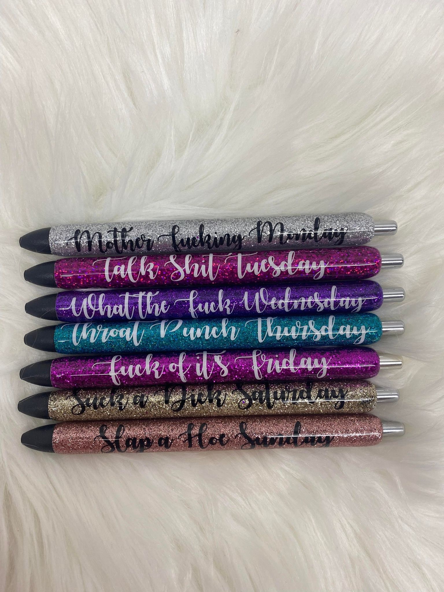 Epoxy Glitter Pen Set Rated R Swear/cuss Word Days of the Week Pens Fuck Pen  Set Funny Pens 