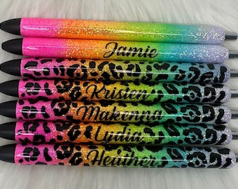 Neon Leopard Personalized Epoxy Glitter Black Ink Pen: Refillable