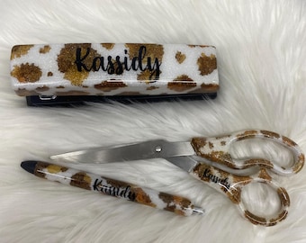 Desk Set Personalized Brown Cow Hide Glitter Stapler with or without Matching Pen Great for teachers