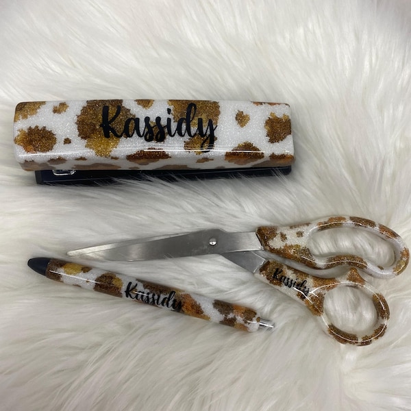 Desk Set Personalized Brown Cow Hide Glitter Stapler with or without Matching Pen Great for teachers