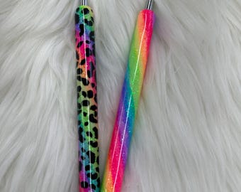 Neon Swirl With or Without Leopard Personalized Epoxy Glitter Black Ink Pen: Refillable