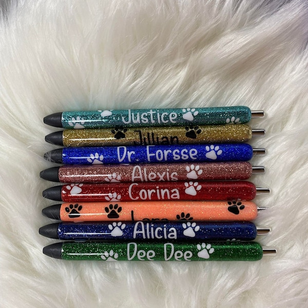 Vet Paw Print Cat/Dog Personalized Epoxy Glitter Black Ink Pen: Refillable