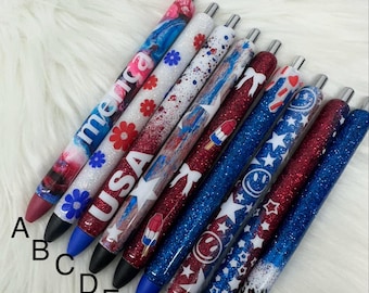 USA 4th of July Personalized Epoxy Glitter Black Ink Pen: Refillable
