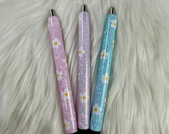 Personalized Spring /Flowers Daisy Epoxy Glitter Black Ink Pen: Refillable