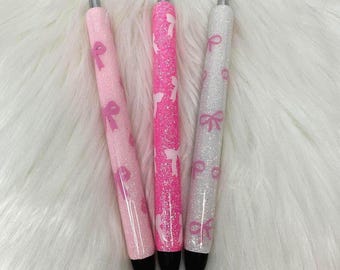 Personalized Epoxy Glitter Bow Black Ink Pen: Refillable