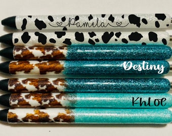 Cow Hide Personalized Epoxy Glitter Black Ink Pen: Refillable
