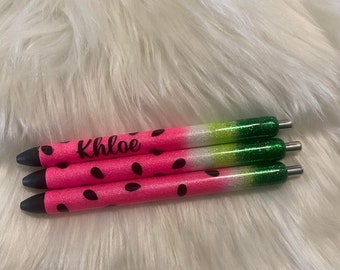 Sweet Summertime Watermelon Personalized Epoxy Glitter Black Ink Pen: Refillable