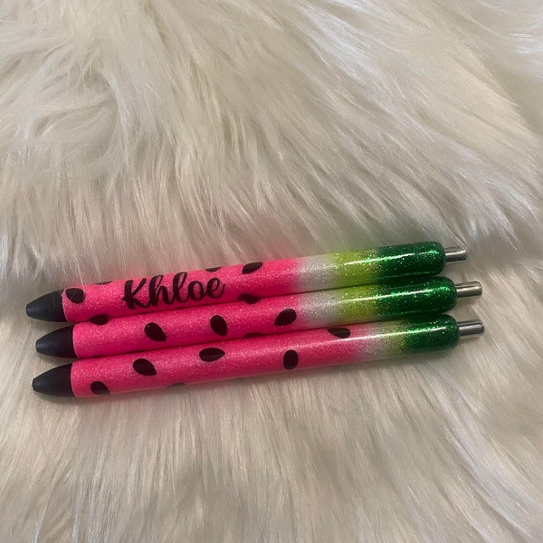 Sweet Summertime Watermelon Personalized Epoxy Glitter Black Ink Pen: Refillable