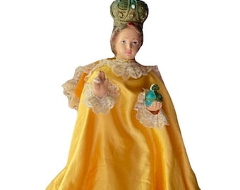 Grande statue de 17,5 pouces enfant de Prague vintage Jésus craie de plâtre église catholique Saint statue jaune vêtement amovible