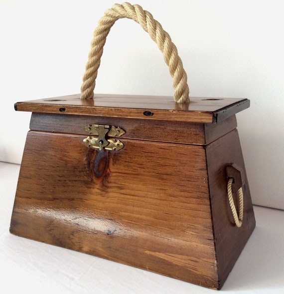 Vintage Wood Purse Hinged Lid Box white Rope Hand… - image 2