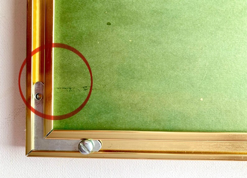 May include: Close-up of a gold picture frame with a green mount. The frame has a visible screw on the bottom right corner.