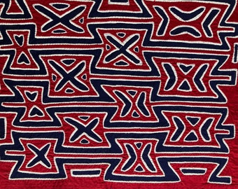 Vintage Mola Folk Art Textile from South America, Cuna Panama Wall Decor, Clothing Embellishments, Blue Red White Geometric pattern