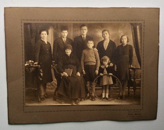 Vintage studio family portrait Italy framed photograph Sepia tone signed photograph