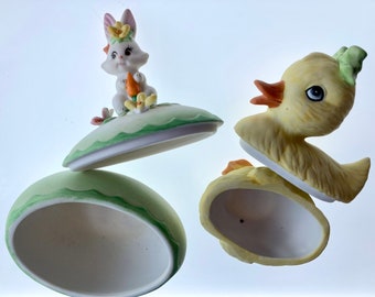 Cajas de baratijas de Pascua Lefton Bisque vintage, con conejito y pollito, pintadas a mano, juego de 2
