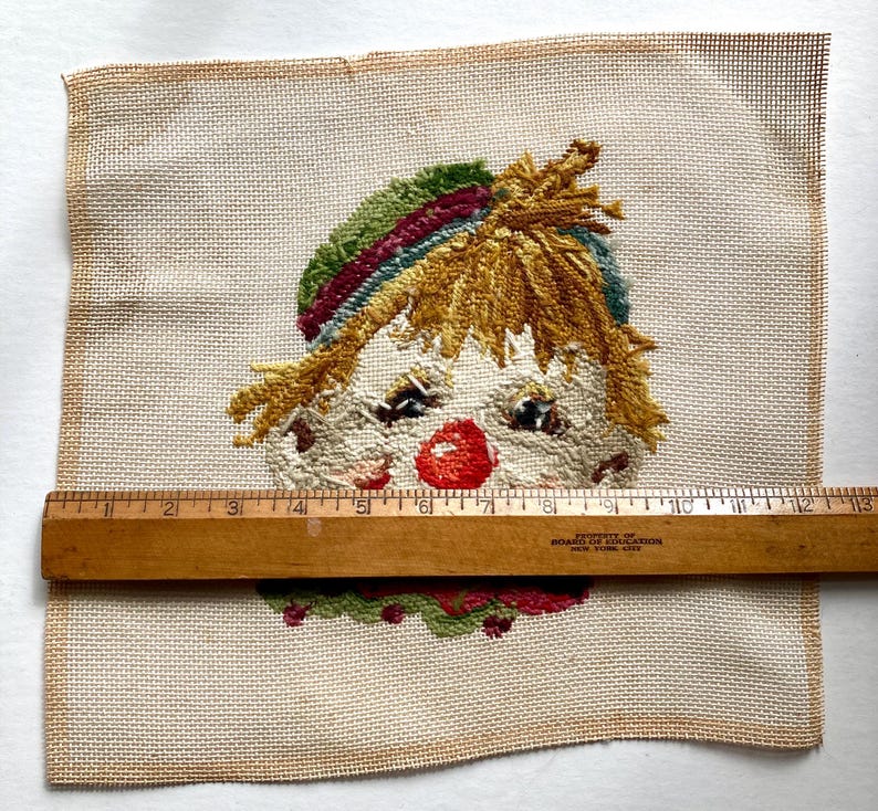 Happy Child Clown Face Needlepoint Tapestry, Completed Petit Point ...