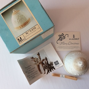 Vintage 1989 Lladro Annual Matte Porcelain Christmas Bell Ornament NIB peach Ribbon