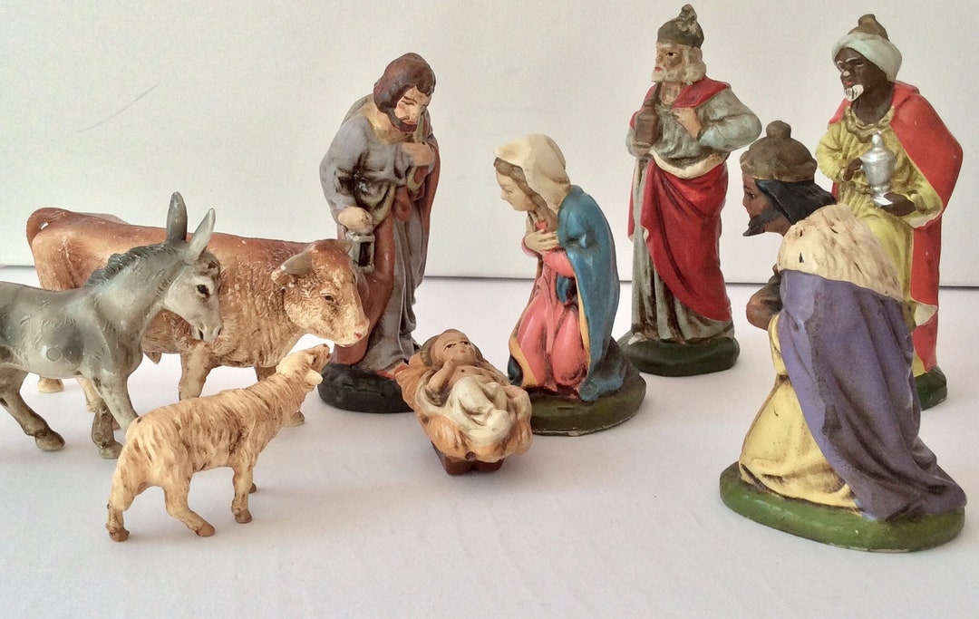 Vintage German Nativity Set of 9 Figurines Paper Mache Etsy