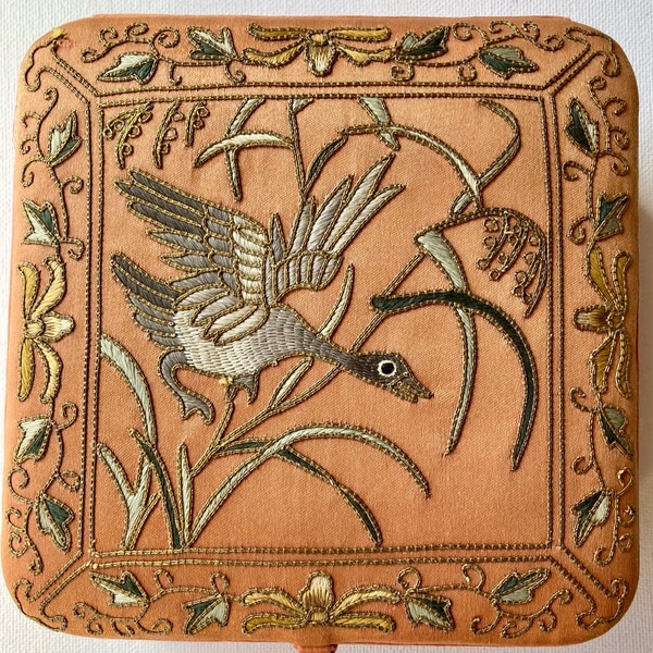 Vintage Large Chinese Silk Hand Embroidered Bird Trinket Box