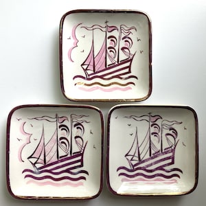 MCM Sailing Ship 4” Trinket Dish Gray’s Pottery Copper Lusterware Purple 1940s set of 3