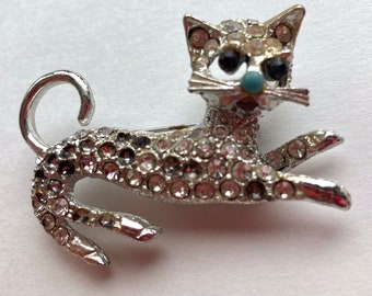 Broche Vintage Chat En Strass Et émail - Bijou Fantaisie Noir, Occasion, Sans Marque