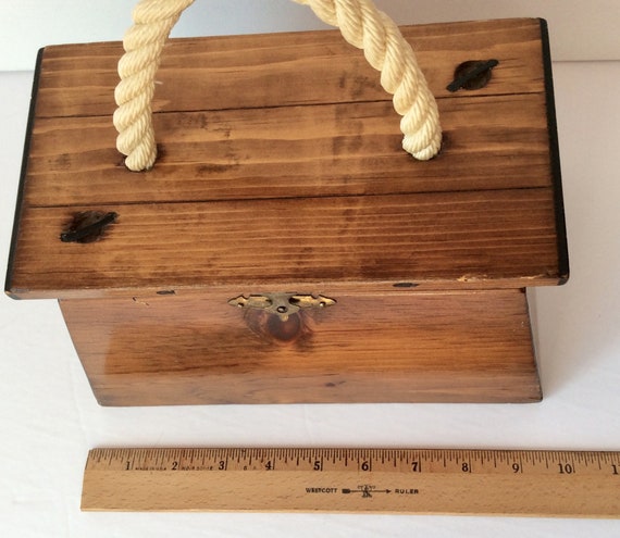 Vintage Wood Purse Hinged Lid Box white Rope Hand… - image 9