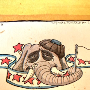 Könnte beinhalten: Aquarellillustration eines weinenden grauen Elefanten mit Hut und Verband. Der Elefant ist von einem Banner mit roten Sternen umgeben. Der Text "REPRINTS AVAILABLE" ist sichtbar.