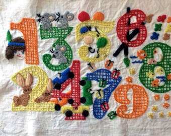 Hand embroidered Tapestry for nursery, retro kids room wall decor cross stitch counting numbers