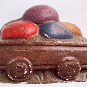 Vintage Chalkware Bunny pulling cart with Easter eggs