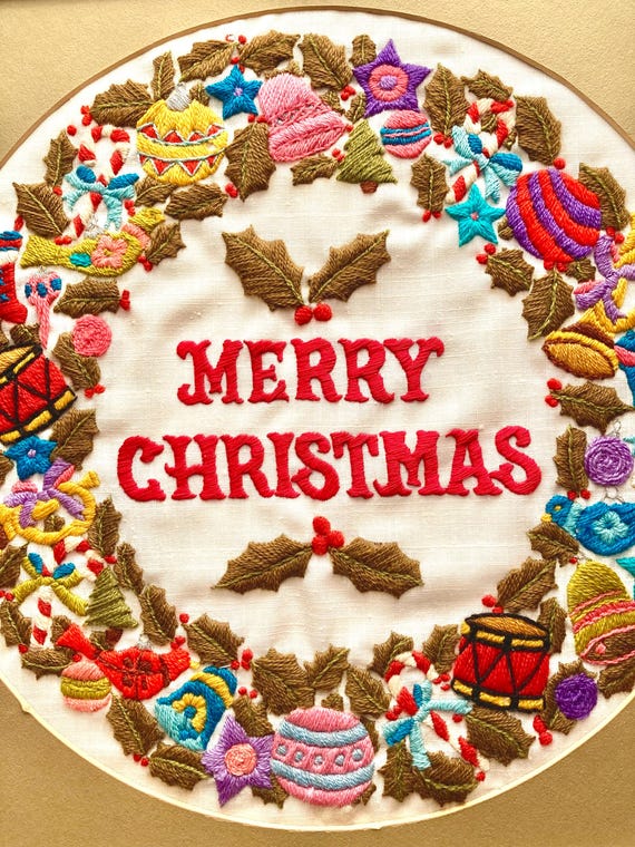 Merry Christmas Wreath MCM Crewel Embroidery Completed, Framed, Yvonne of California 1967,  Toys and  Ornaments Wreath