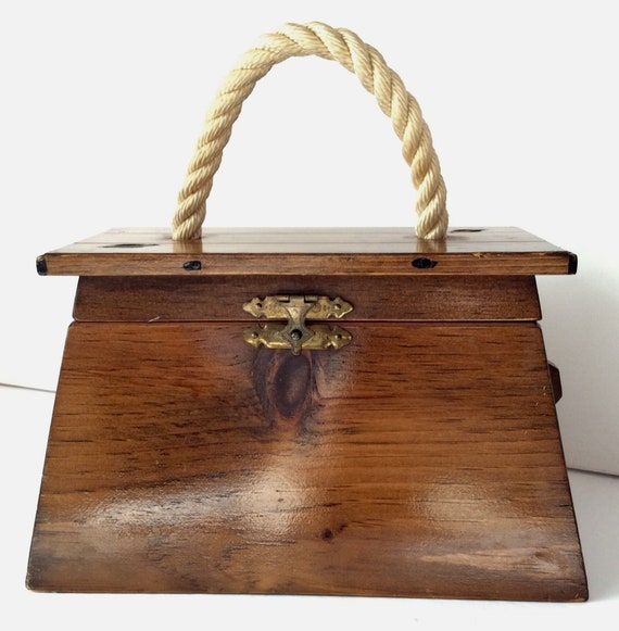 Vintage Wood Purse Hinged Lid Box white Rope Hand… - image 1