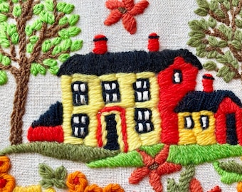 Vintage Crewel God Bless Our Home Needlecraft Religious Wall  Art, Completed Embroidery, Framed Cute