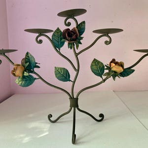 Vintage Romantic Italy Tole Metal Candle Holder Roses 14&quot; tall 5 candles shabby chic, cottage core, dark colors
