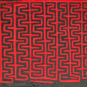 Vintage Mola Folk Art Textile from South America, Cuna Panama Wall Decor, Clothing Embellishments, Red and Black Geometric pattern