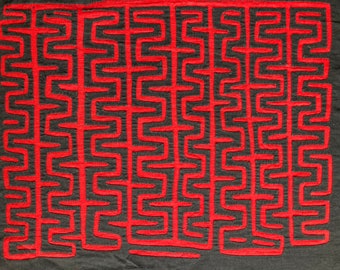 Vintage Mola Folk Art Textile from South America, Cuna Panama Wall Decor, Clothing Embellishments, Red and Black Geometric pattern