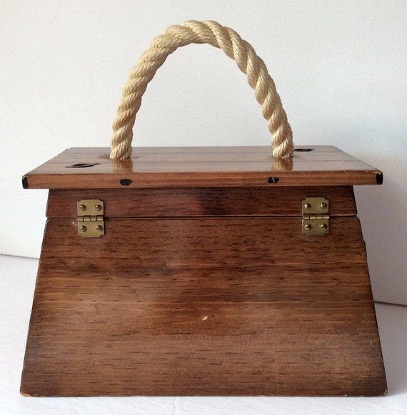 Vintage Wood Purse Hinged Lid Box white Rope Hand… - image 4