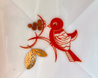 Plato para baratijas Royal Tettau con diseño de pájaro naranja y pan de oro, con pie