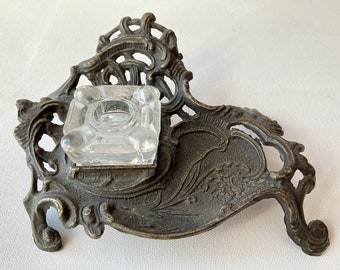 Brass Inkwell Lily of the Valley Ornate Art Nouveau Glass Inkwell Vintage Calligraphy