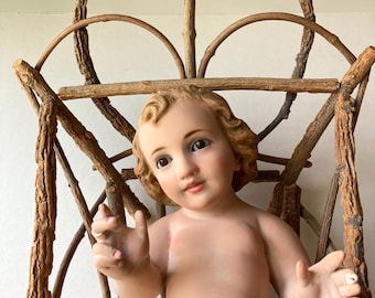 Vintage 10” Baby Infant Child Jesus with Glass Eyes, Plaster Nativity Jesus with Wooden Twig Crib Crèche