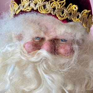 Burgundy Velvet Santa Claus Figurine Red Elf Fairy Shoes Sitting Santa Hand Crafted Polymer Clay Face  23”