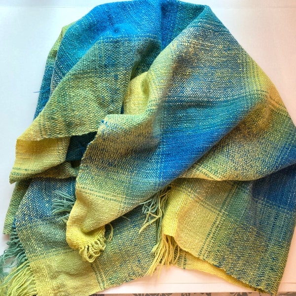 Handwoven Wool Throw Blanket Fringed Yellow Blue Green 31x58“ Colorful Wool Stole