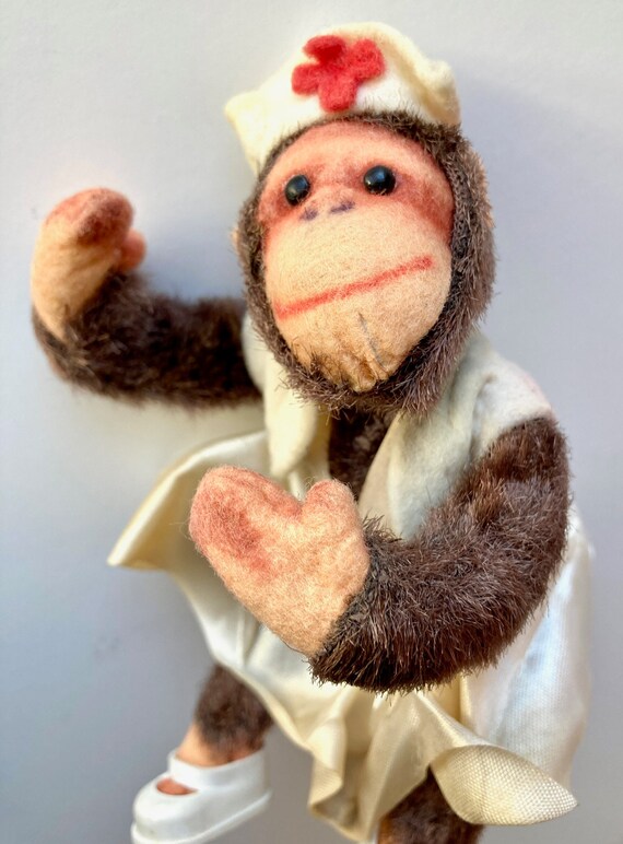 Vintage SCHUCO? German Mohair Monkey Red Cross Nurse Chimpanzee